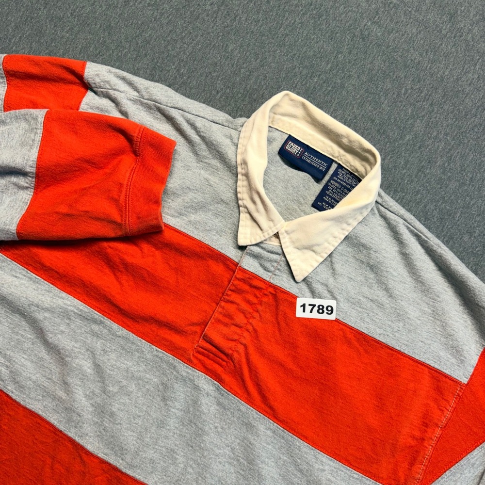 Faded Glory Mens Large Rugby Shirt Orange Grey Striped Long Sleeve Polo Cotton